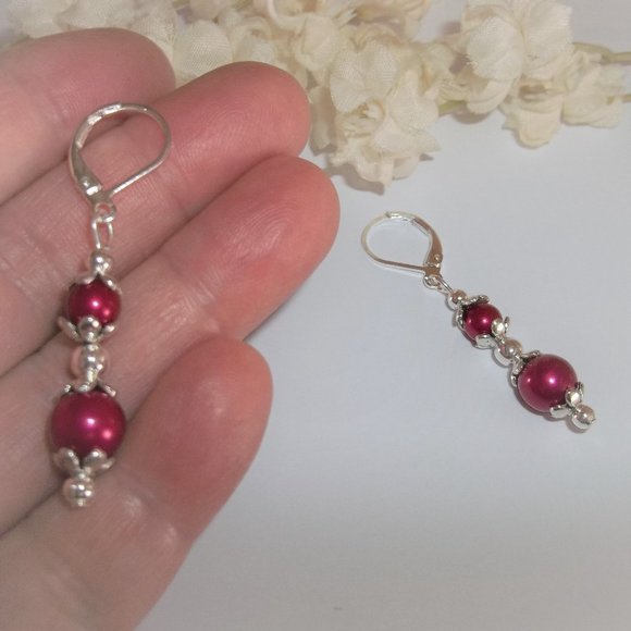 Pearl Earrings Red and Silver Beaded Dangle Drop Jewelry Set Pair NWT Gift 7350 - Picture 6 of 8